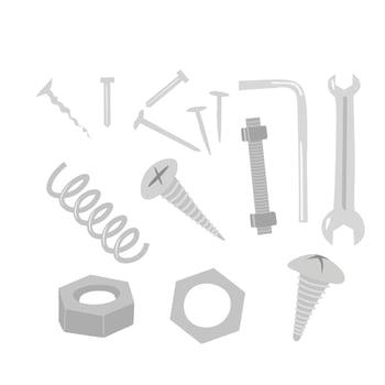 Metal repairing tool vector set. screw, bolt, hex bolt, nail. Spring. Wrench. Spenner. Nut. Mechanic tool. Mechanical engineering. Maintenance toolkit. Construction and household renovation tools.