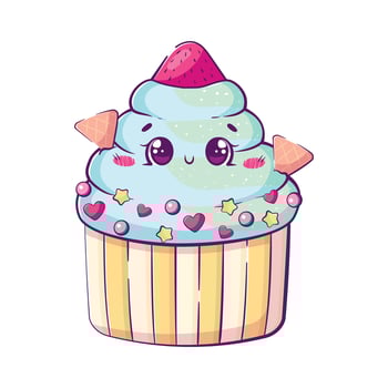 Kawaii cartoon doodle mint ice cream in a cup with strawberries and waffles. vector