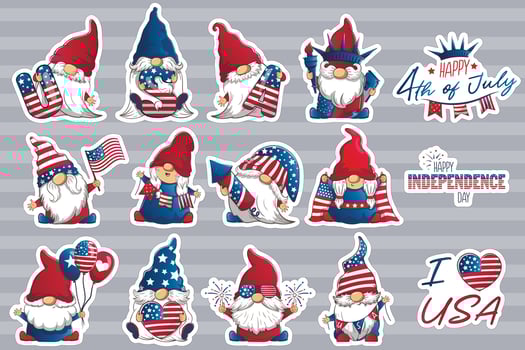 Bundle of stickers with cute patriotic leprechauns 4th July Independence Day. Vector cartoon illustration of festive gnomes with American symbols.