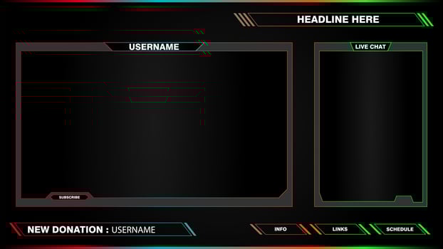 Game live stream interface overlay frames for gamer broadcast. Online streaming banners and menu bars isolated on background. vector