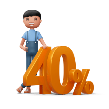 Happy man with golden number forty percent, 3d rendering png