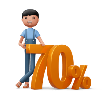 Happy man with golden number seventy percent, 3d rendering png