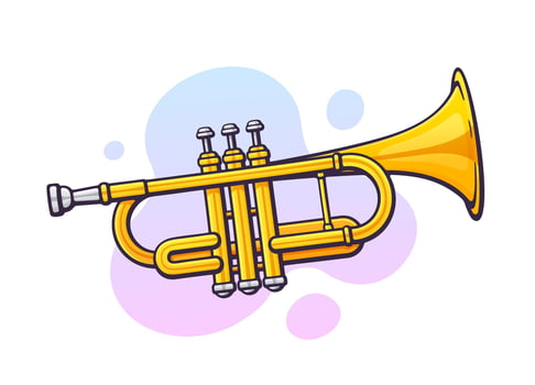 Vector illustration. Classical music wind instrument trumpet. Blues, jazz or orchestral equipment. Clip art with contour for graphic design. Isolated on white background