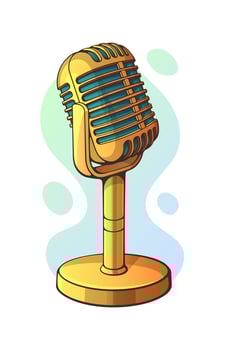 Vector illustration. Golden retro microphone for music, sound, voice, speak, radio recording. Clip art with outline for graphic design. Jazz, blues, rock vintage mic. Isolated on white background