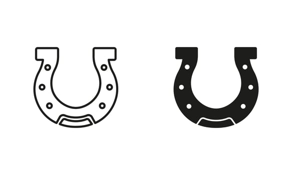 Horse Shoe, Hoof Line and Silhouette Black Icon Set. Lucky Fortune Sign. Good Luck in Casino, Playing in Gambling Games. Jackpot Talisman. Horseshoe Symbol. Isolated Vector Illustration.