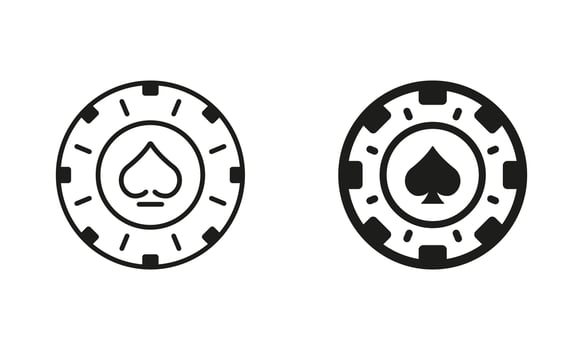 Chip Casino, Vegas Roulette Line and Silhouette Icon Set. Play Coin, Lucky and Risk in Gambling Game Pictogram. Poker Chip. Money Bet, Circle Token Symbol Collection. Isolated Vector Illustration.