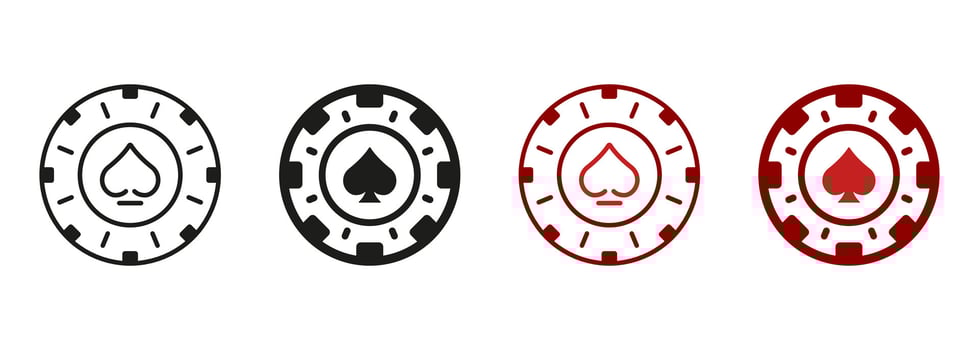 Poker Chip. Money Bet, Circle Token Symbol Collection. Chip Casino, Vegas Roulette Line and Silhouette Icon Set. Play Coin, Lucky and Risk in Gambling Game Pictogram. Isolated Vector Illustration.