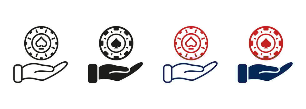 Chip Casino and Human Hand Line and Silhouette Icon Set. Circle Token, Bet Money. Coin, Risk in Roulette and Gamble Game Pictogram. Poker Chip Symbol Collection. Play Isolated Vector Illustration.