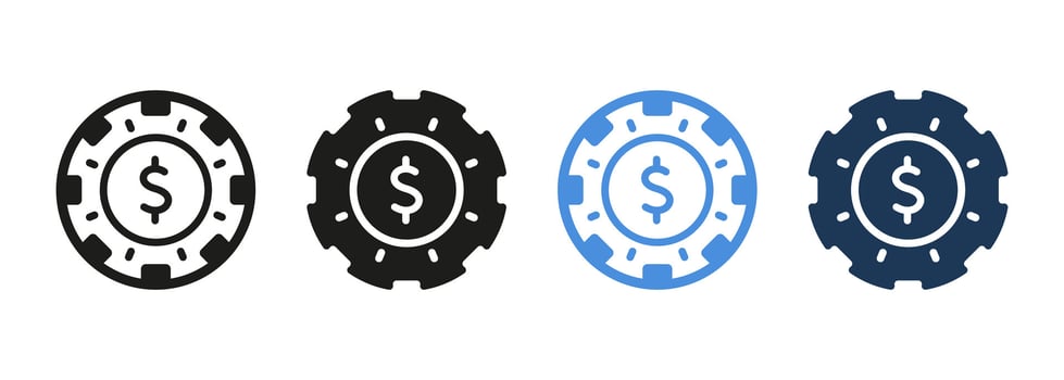 Dollar for Gamble Play Pictogram. Betting Chip for Poker Black and Color Icons Set. Fortune Bet, Gambling Game Symbol Collection. Casino Currency, Poker Money Sign. Isolated Vector Illustration.