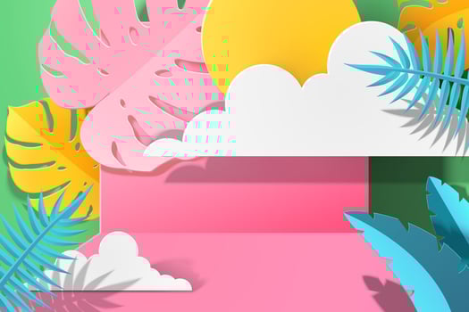 Paper art tropical foliage background with sun in pink tone, 3d illustration vector