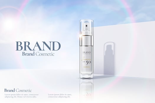 Cosmetic spray bottle ads on white clear wall background with sunbeam in 3d illustration vector