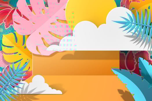 Paper art tropical foliage background with sun in yellow and blue tone, 3d illustration vector