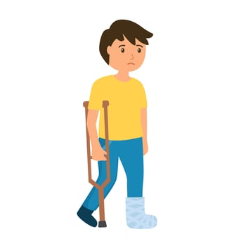 Sad boy with broken leg in flat design on white background. vector