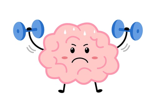 Cartoon brain lifting weight dumbbells in flat design on white background. Funny strong brain. vector