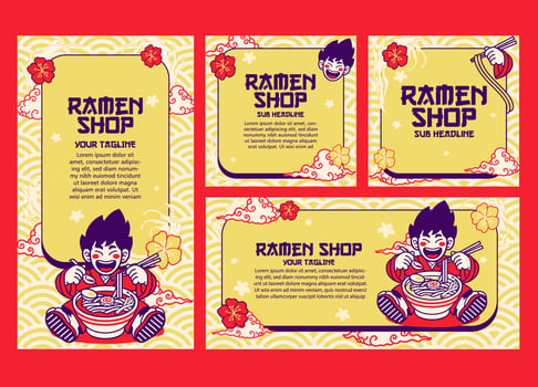 Set of Cute Japanese Boy Rating Ramen Banner Vector Illustration