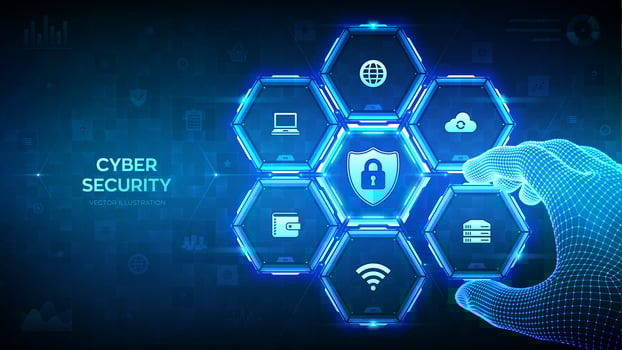Cyber Security. Data protection concept. Shield protect icon. Internet privacy and safety. Antivirus. Wireframe hand places an element into a composition visualizing cyber security processes. Vector. vector