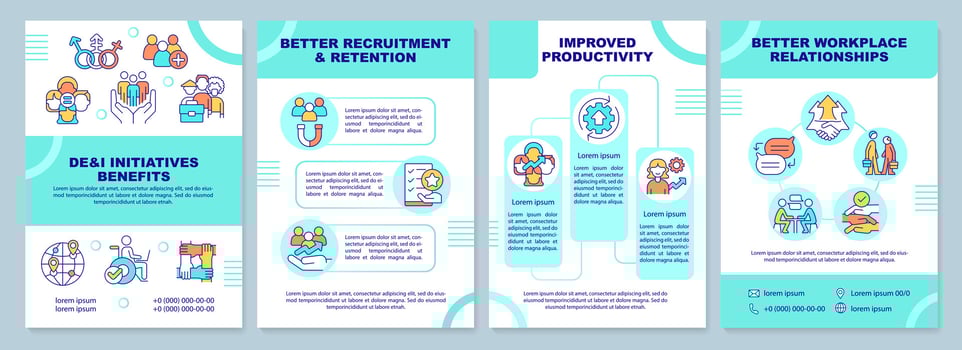 DEI initiatives benefits mint brochure template. Leaflet design with linear icons. Editable 4 vector layouts for presentation, annual reports