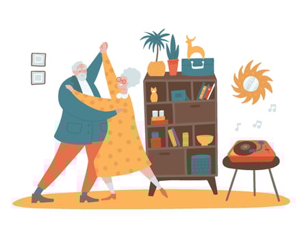 Elderly couple dancing at home. Senior man and woman, happy romantic couple retired. Isolated room interior with retro furniture. Flat hand drawn vector illustration