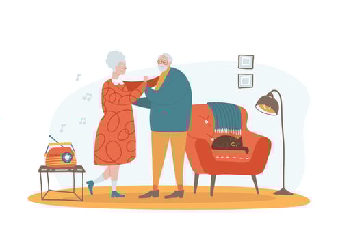 Elderly couple dancing, senior people cartoon characters dance at home. Happy senior couple together, elderly people happy retirement. Grandparents dance to old music. Flat vector illustration.