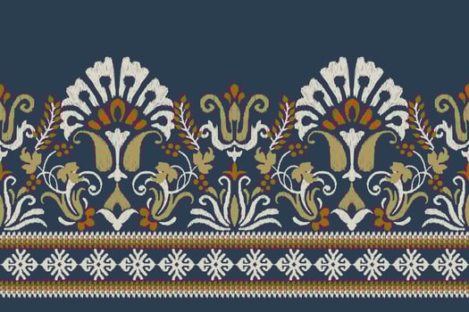 Ikat floral paisley embroidery on navy blue background.Ikat ethnic oriental pattern traditional.Aztec style abstract vector illustration.design for texture,fabric,clothing,wrapping,decoration,sarong.