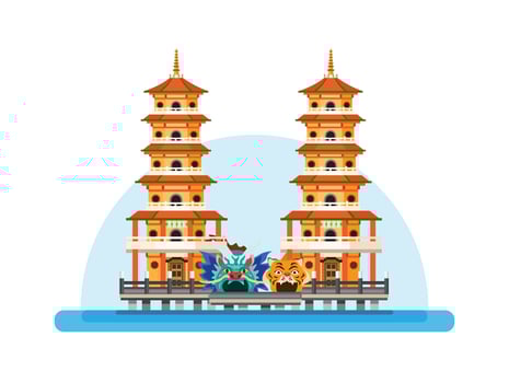 Dragon and Tiger Pagodas in Lotus Lake, Kaohsiung, Taiwan. Famous Temple Landmark Building Flat Cartoon illustration Vector