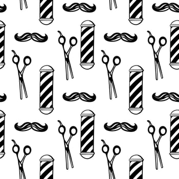 Barbershop seamless pattern, black on white repeating pattern. Print for men s barber shop. A set of accessories for men s hairdresser on white background. vector