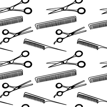 Barbershop seamless pattern, black on white repeating pattern. Print for men s barber shop. A set of accessories for men s hairdresser on white background. vector