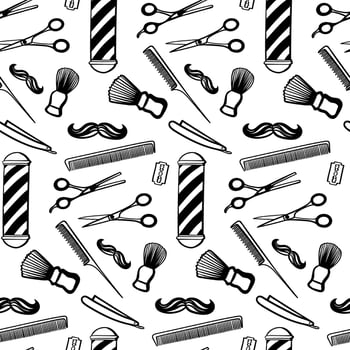 Barbershop seamless pattern, black on white repeating pattern. Print for men s barber shop. A set of accessories for men s hairdresser on white background. vector