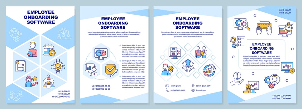 Employee onboarding software blue brochure template. Leaflet design with linear icons. Editable 4 vector layouts for presentation, annual reports