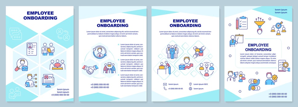Employee onboarding turquoise brochure template. Adaptation. Leaflet design with linear icons. Editable 4 vector layouts for presentation, annual reports
