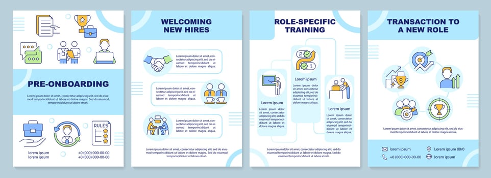 Onboarding phases blue brochure template. Job joining. Leaflet design with linear icons. Editable 4 vector layouts for presentation, annual reports