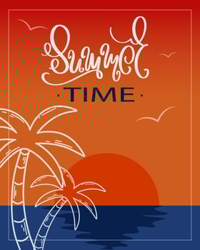 Summer banner with lettering, palm tree and sunset vector