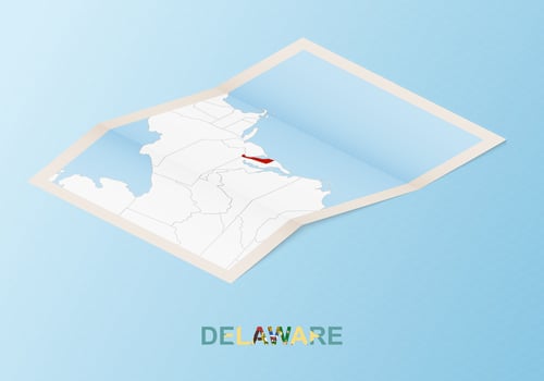 Folded paper map of Delaware with neighboring countries in isometric style. vector