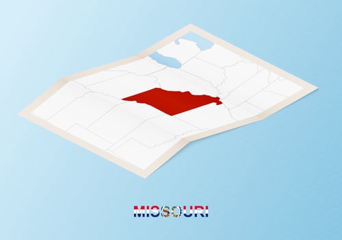 Folded paper map of Missouri with neighboring countries in isometric style. vector