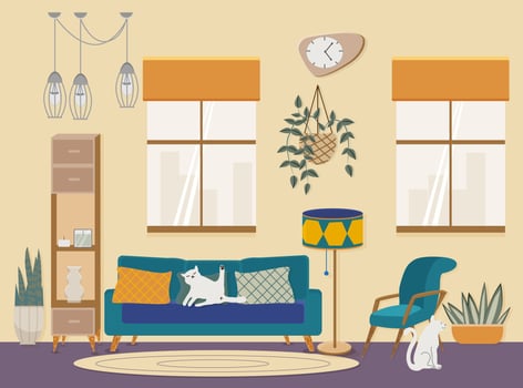 Vector interior of living room, flat illustrations. Furnitures in mid century style.