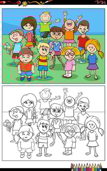 funny cartoon children characters group coloring page vector