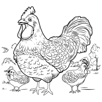 COLORING PAGE chicken with chicks. hen laying hen cute funny character linear illustration childrens for coloring.Bird farm vector