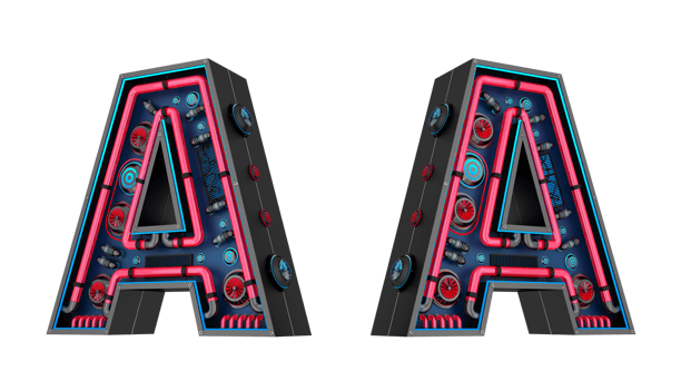 Black alphabet with Red and blue Neon light and has a cooling system. png