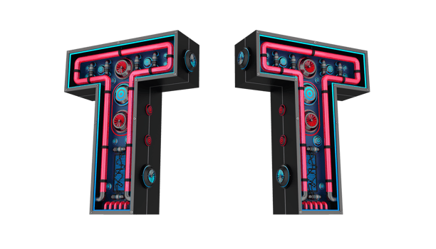 Black alphabet with Red and blue Neon light and has a cooling system. png
