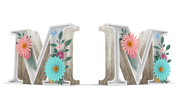 Wood alphabet with colorful flower decoration. png