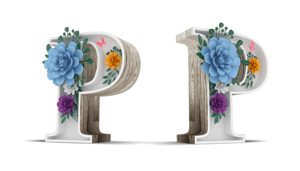 Wood alphabet with colorful flower decoration. png