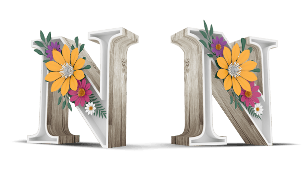 Wood alphabet with colorful flower decoration. png