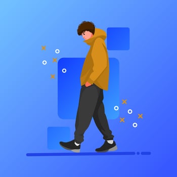 Street fashion man character vector flat design illustration. Street style outfit standing and walking. Cartoon male character isolated on gradations background.