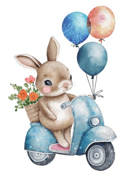 Cute cartoon rabbit on a scooter with balloons and flowers, watercolor illustration. png
