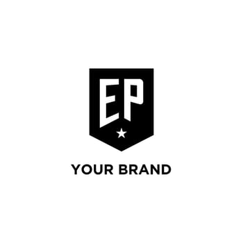 EP monogram initial logo with geometric shield and star icon design style vector