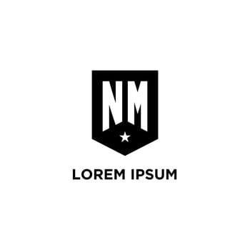 NM monogram initial logo with geometric shield and star icon design style vector