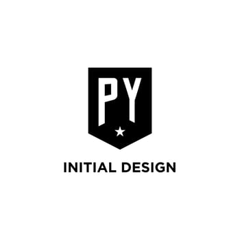 PY monogram initial logo with geometric shield and star icon design style vector