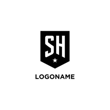 SH monogram initial logo with geometric shield and star icon design style vector