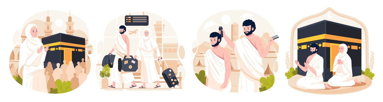 Illustration Set of Islamic Hajj Pilgrimage. Muslim People performs Islamic Hajj Pilgrimage. Man and Woman Hajj characters wear ihram clothes with a Kaaba background. Vector illustration