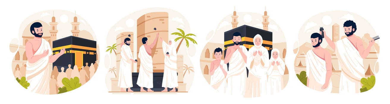 Illustration Set of Islamic Hajj Pilgrimage. Muslim People performs Islamic Hajj Pilgrimage. Man and Woman Hajj characters wear ihram clothes with a Kaaba background. Vector illustration